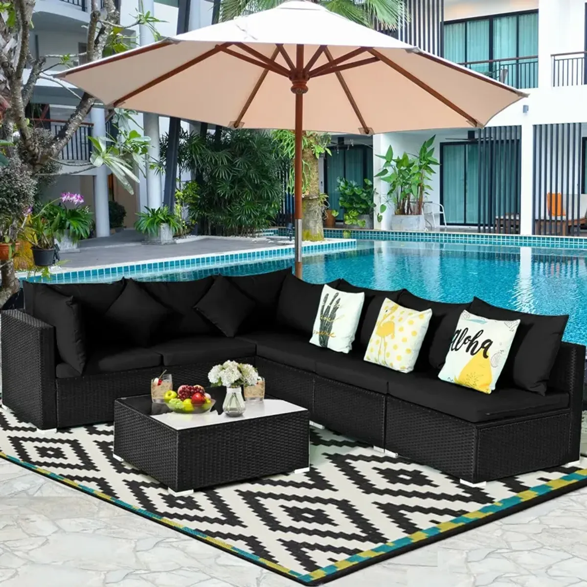 7 Pieces Sectional Wicker Furniture Sofa Set with Tempered Glass Top-Black