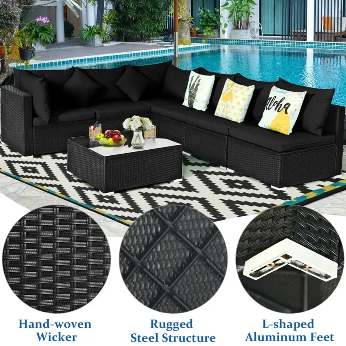 7 Pieces Sectional Wicker Furniture Sofa Set with Tempered Glass Top-Black