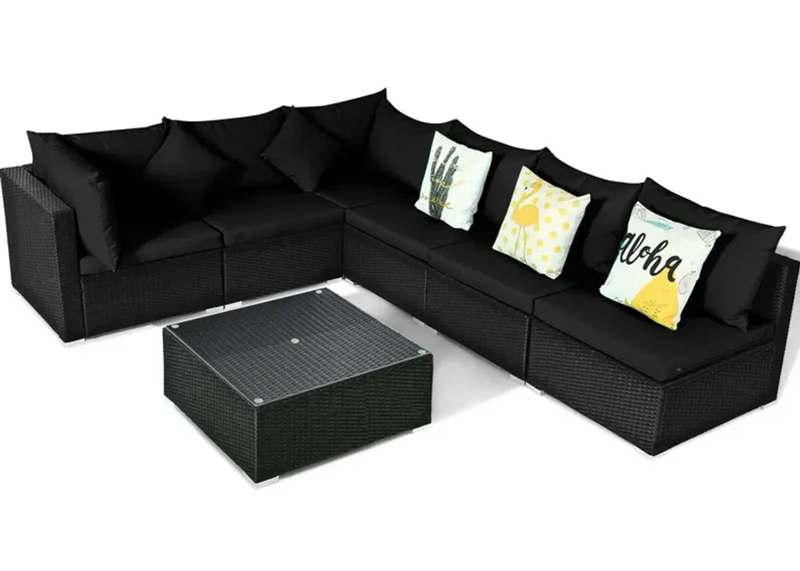 7 Pieces Sectional Wicker Furniture Sofa Set with Tempered Glass Top-Black