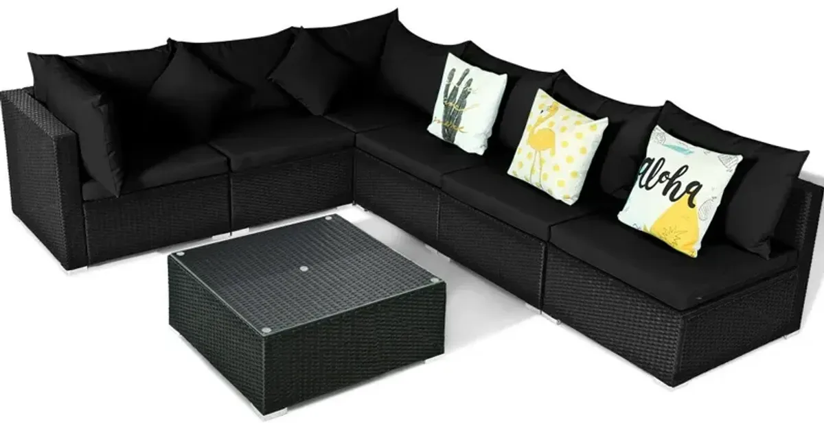 7 Pieces Sectional Wicker Furniture Sofa Set with Tempered Glass Top-Black