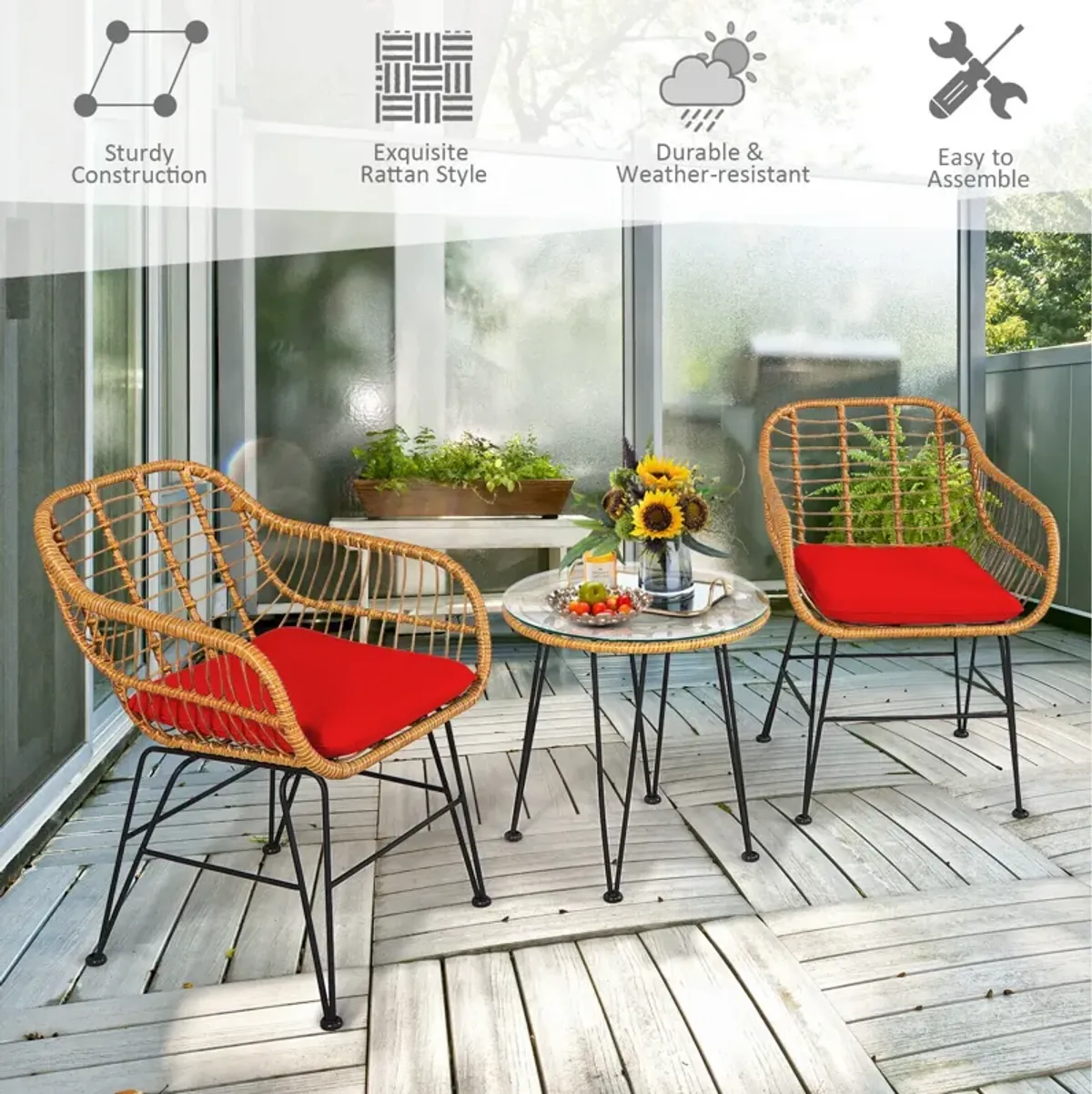 3 Pieces Rattan Furniture Set with Cushioned Chair Table