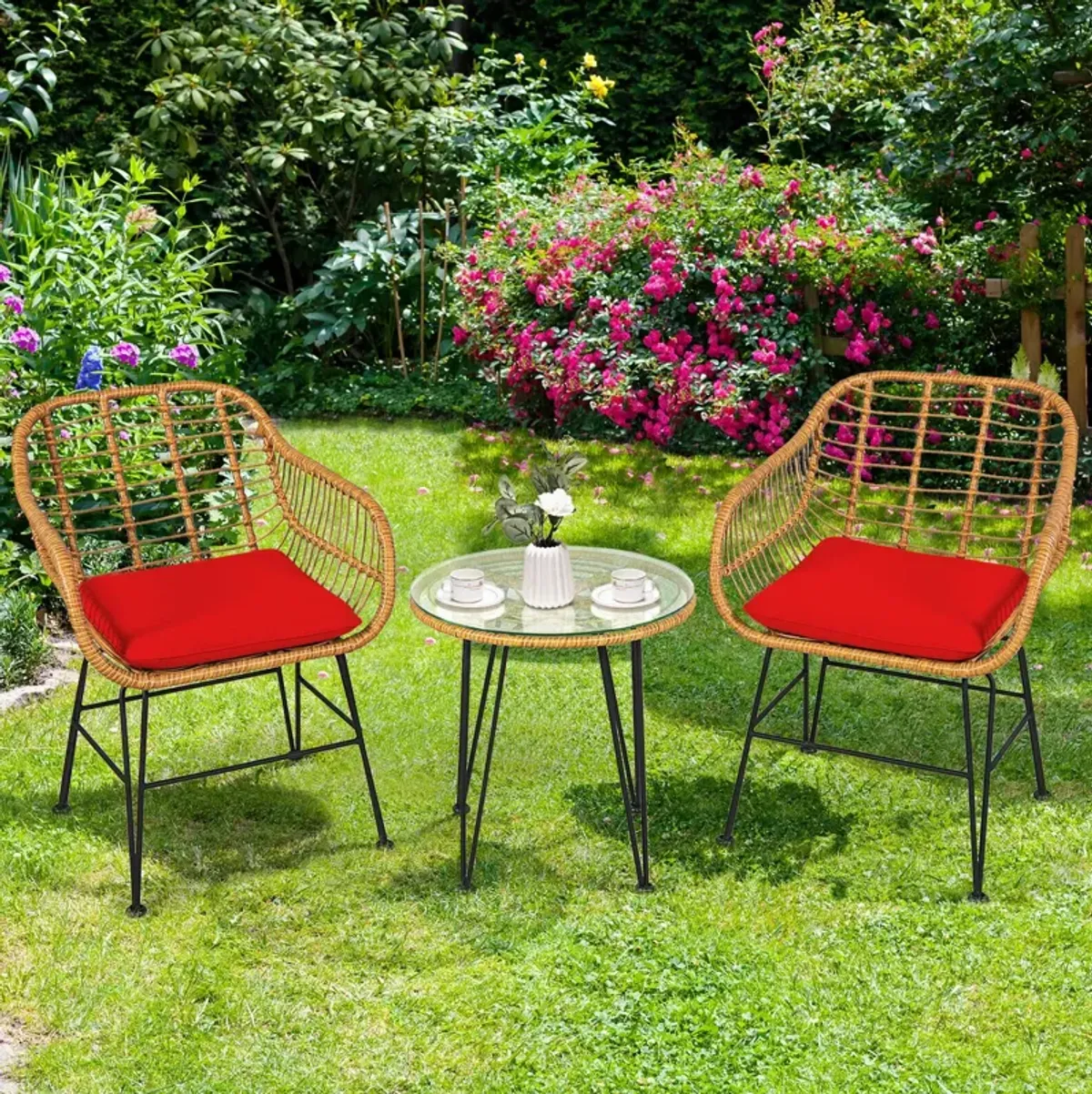 3 Pieces Rattan Furniture Set with Cushioned Chair Table