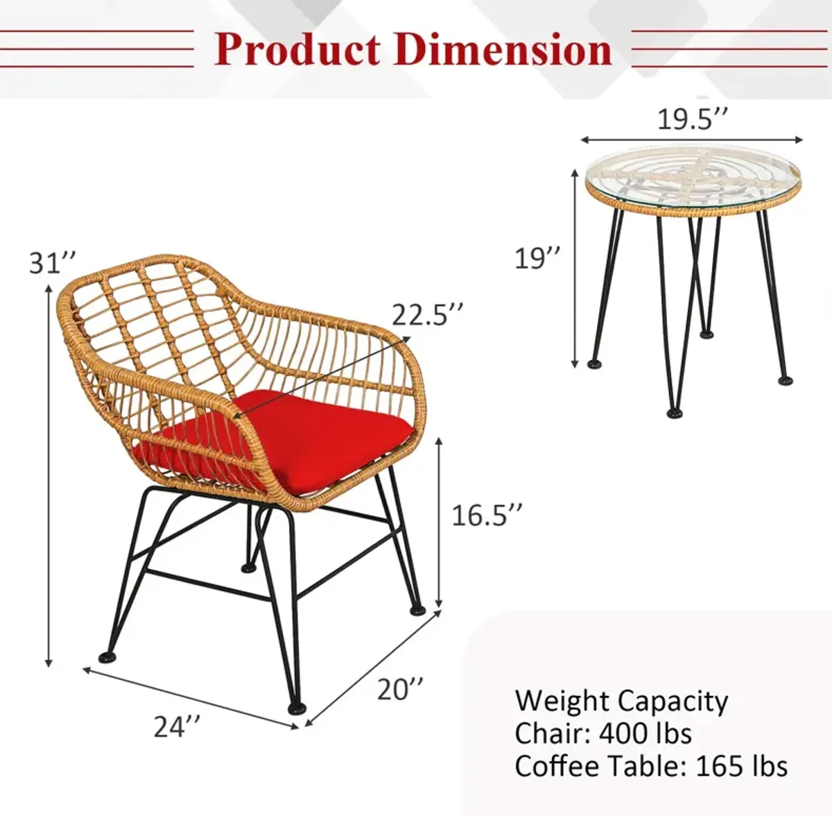 3 Pieces Rattan Furniture Set with Cushioned Chair Table