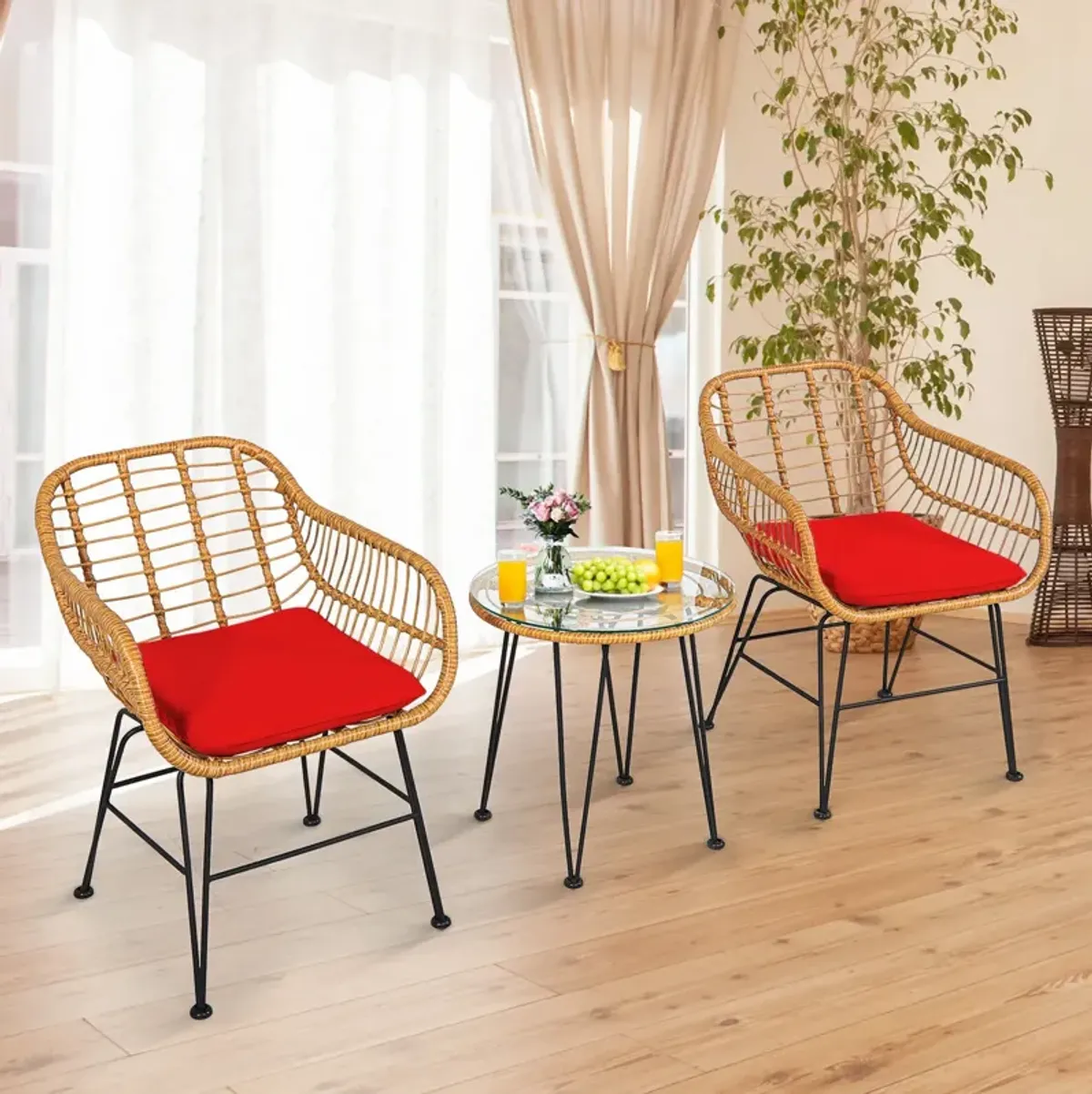 3 Pieces Rattan Furniture Set with Cushioned Chair Table