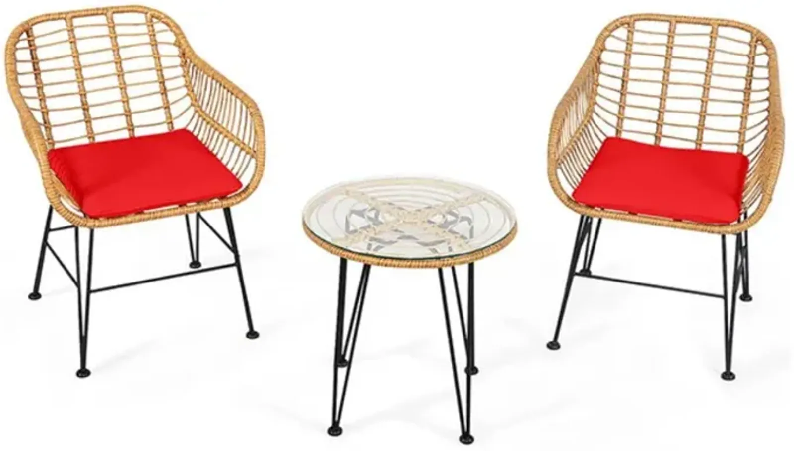 3 Pieces Rattan Furniture Set with Cushioned Chair Table