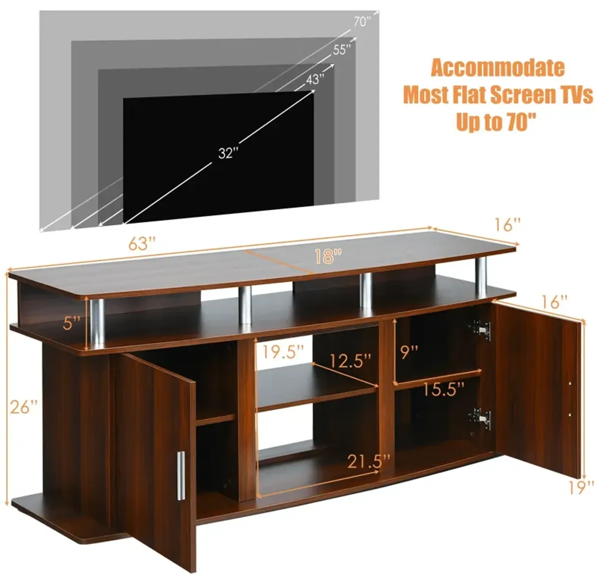 63 Inch TV Entertainment Console Center with 2 Cabinets-Walnut