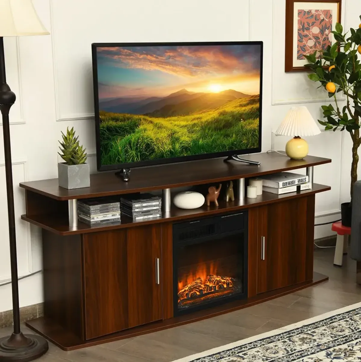 63 Inch TV Entertainment Console Center with 2 Cabinets-Walnut