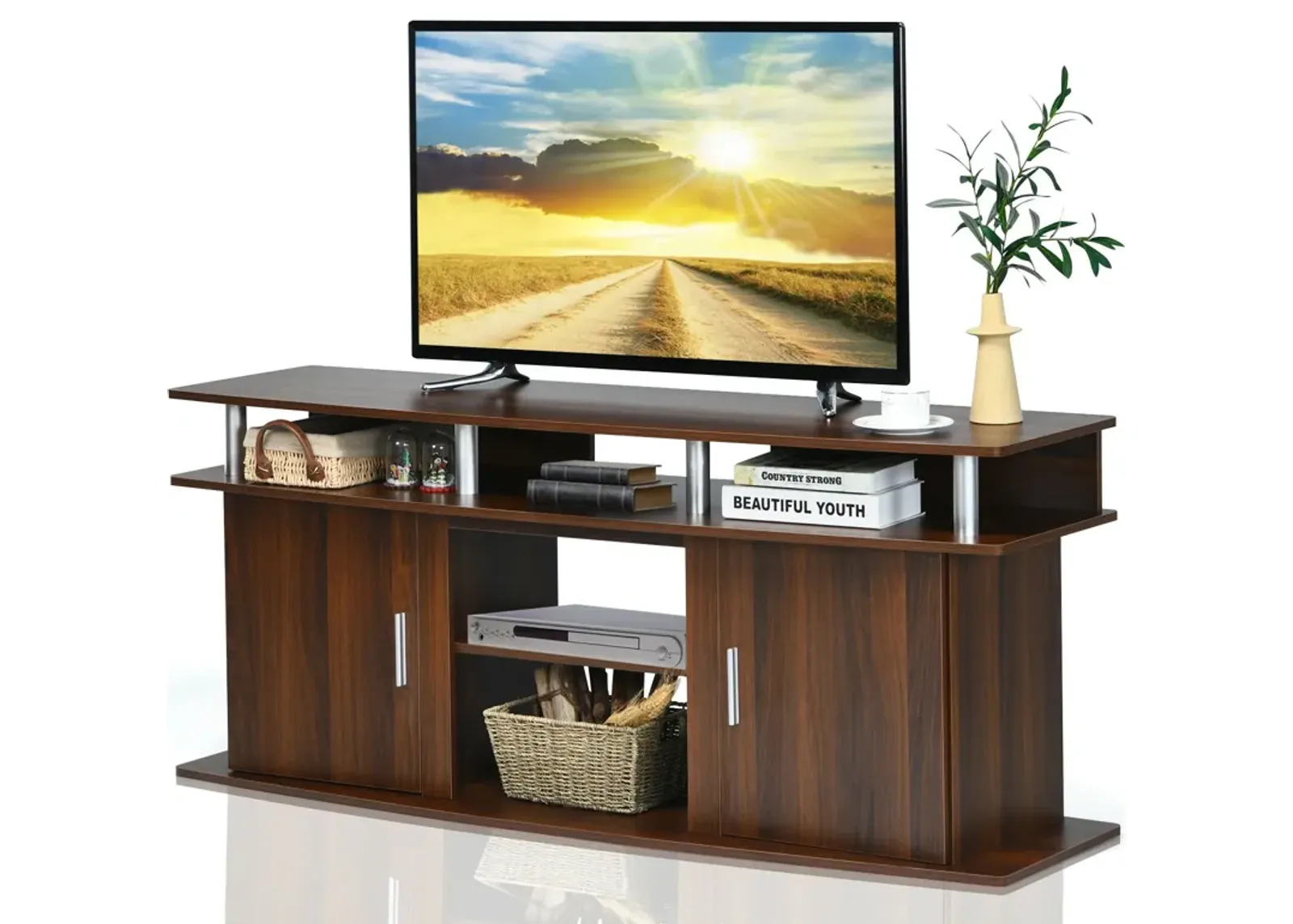 63 Inch TV Entertainment Console Center with 2 Cabinets-Walnut