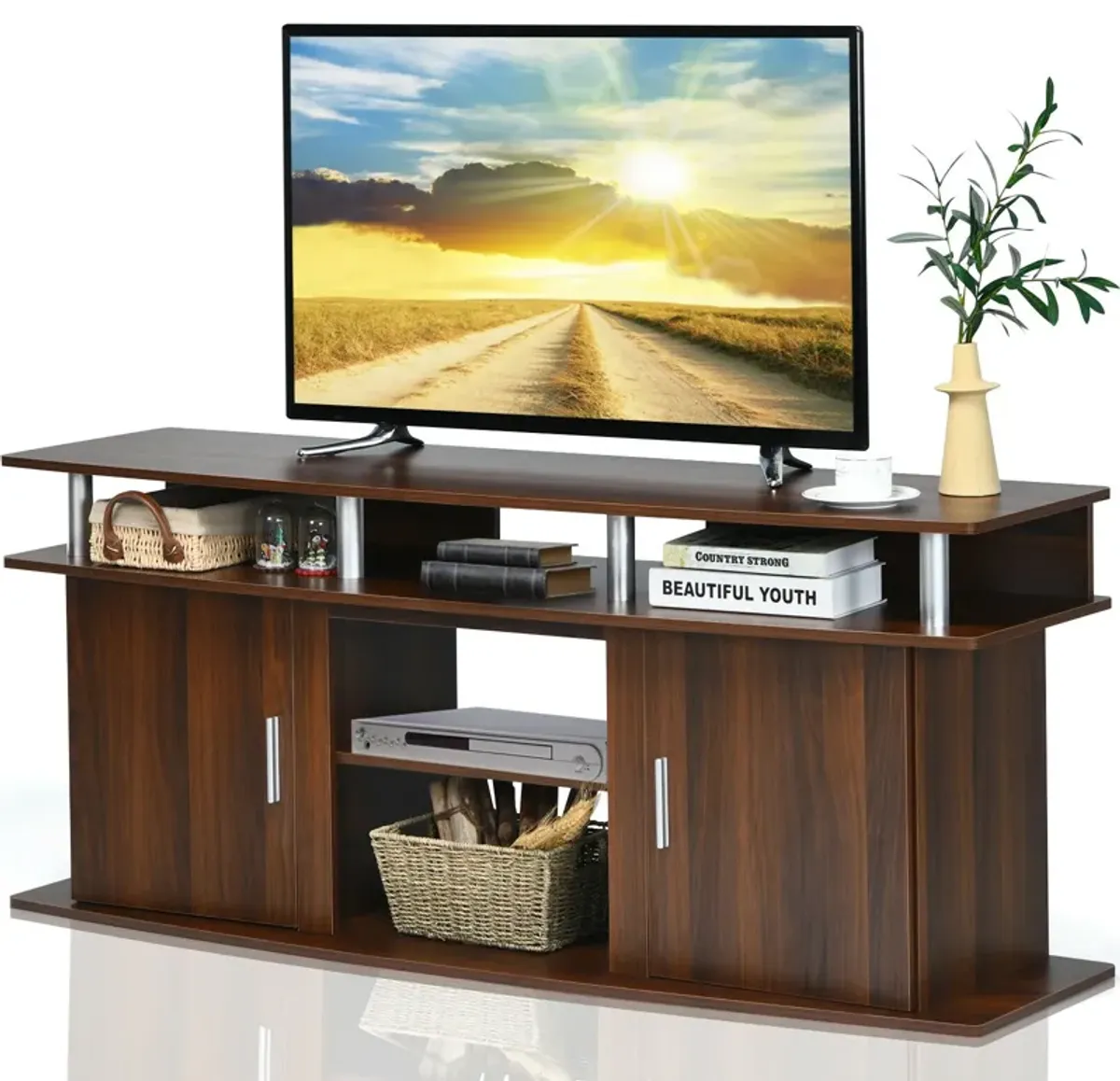 63 Inch TV Entertainment Console Center with 2 Cabinets-Walnut