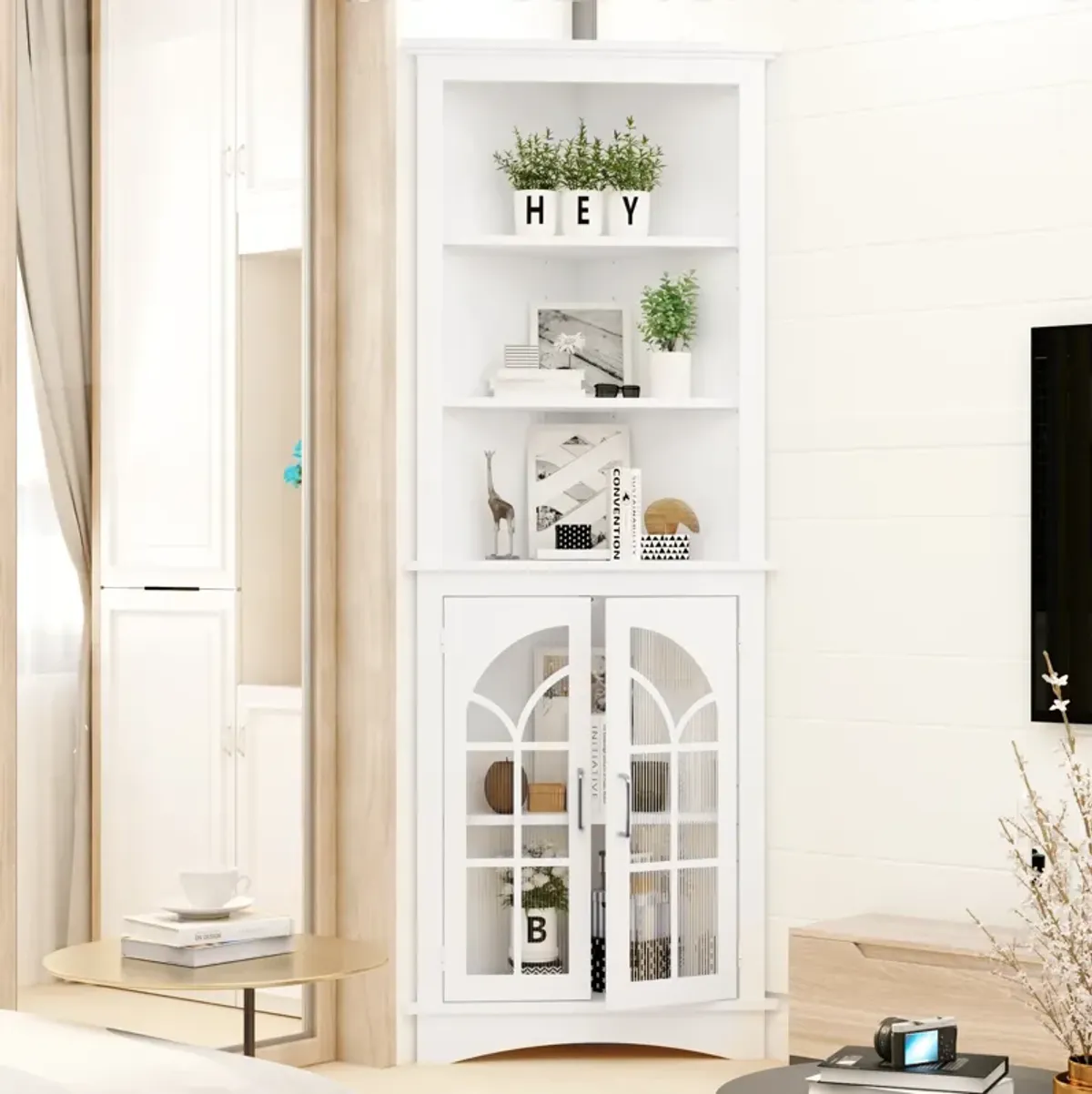 Spacious 3-Tier Corner Cabinet with Antiqued Glass for Versatile Storage