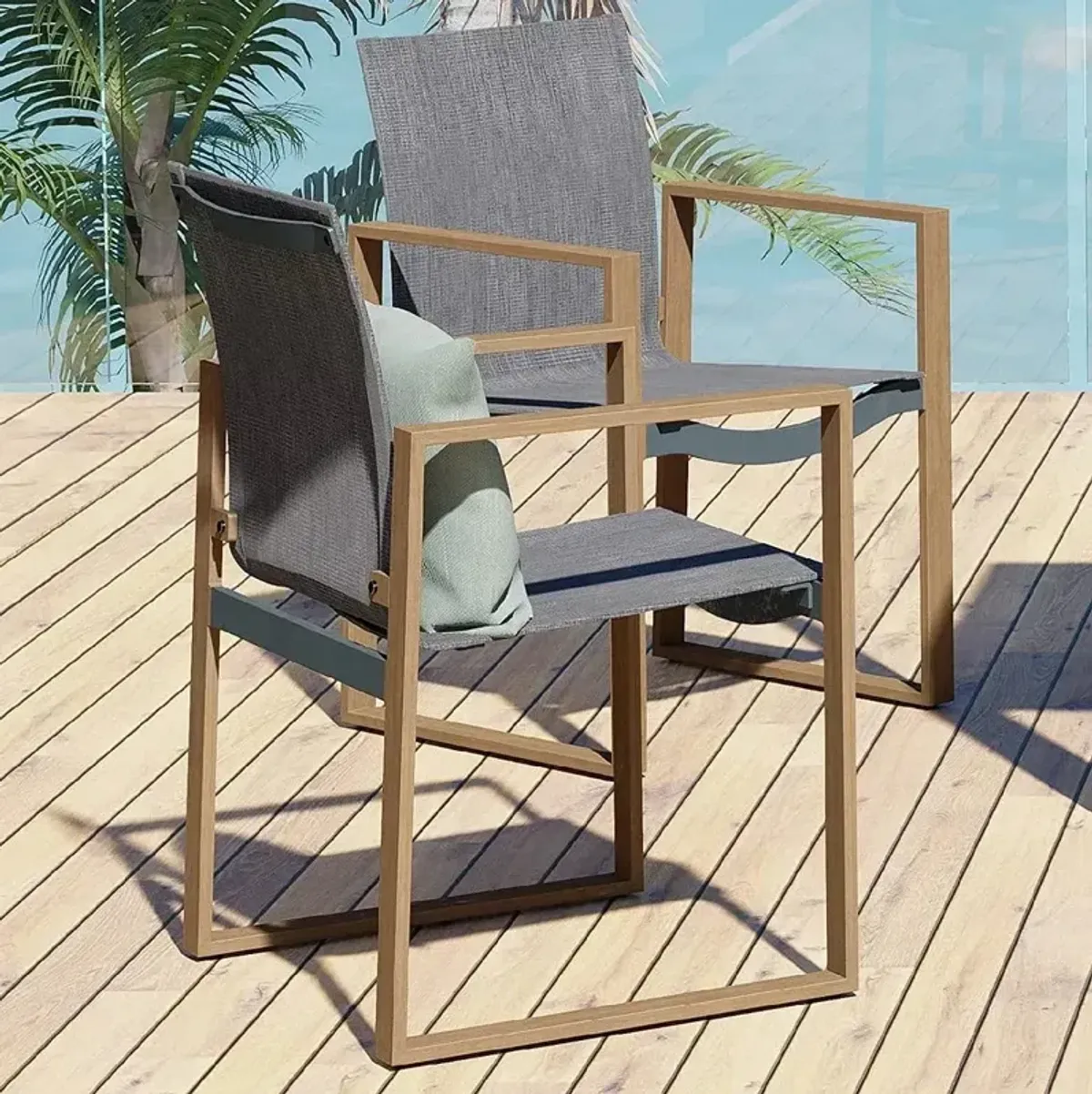 MONDAWE Outdoor Formal Dinning Chair With Grey Cushions In Full Metal Frame With Woodgrain (Set of 2)