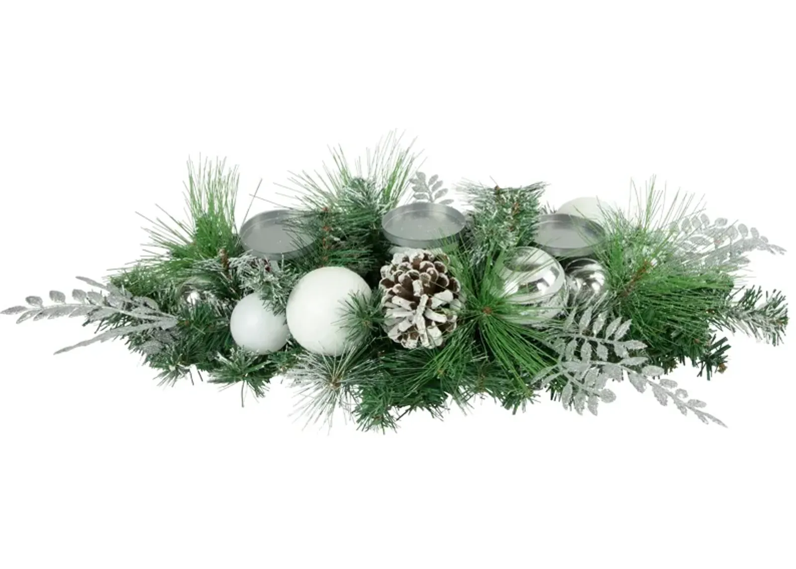 30" Green Pine and Needle Triple Candle Holder with Pinecones and Christmas Ornaments