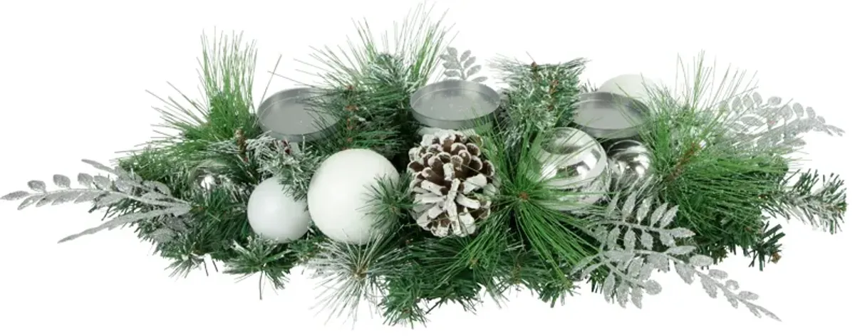 30" Green Pine and Needle Triple Candle Holder with Pinecones and Christmas Ornaments