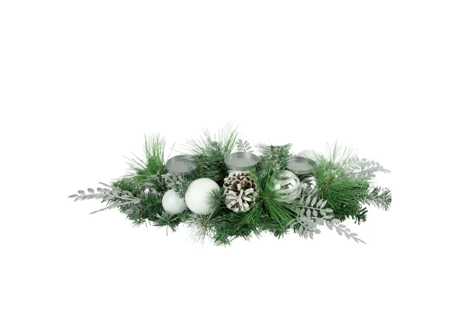 30" Green Pine and Needle Triple Candle Holder with Pinecones and Christmas Ornaments