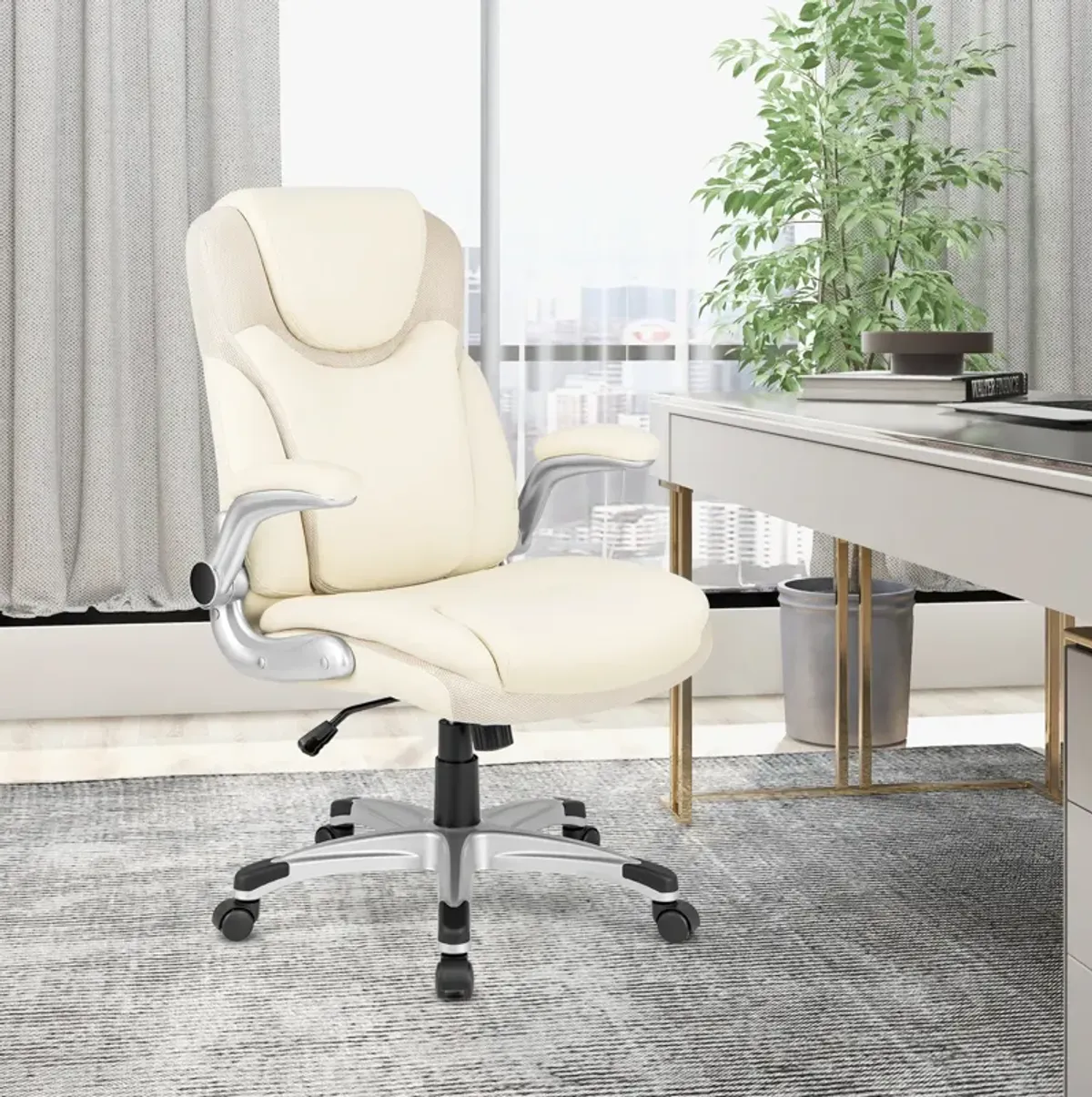 Ergonomic Office PU Leather Executive Chair with Flip-up Armrests and Rocking Function-White