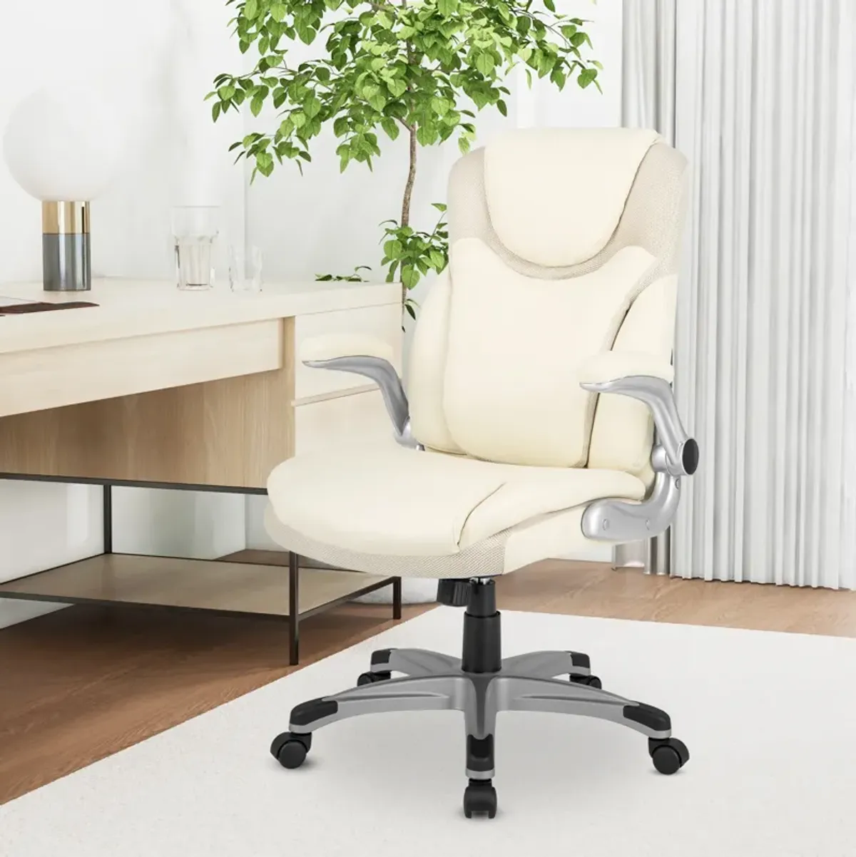 Ergonomic Office PU Leather Executive Chair with Flip-up Armrests and Rocking Function-White