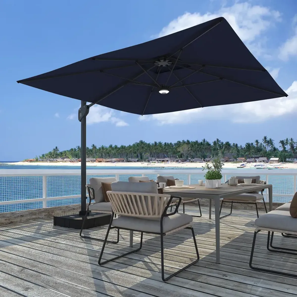 MONDAWE 10ft Square Solar LED Offset Cantilever Outdoor Patio Umbrella with Bluetooth Speaker and Included Base