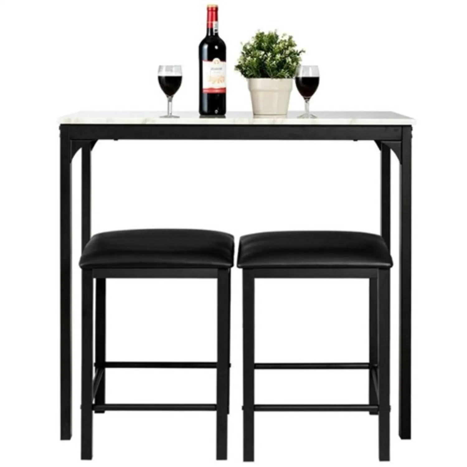 Hivvago Modern 3 Piece Dining Set White Faux Marble Table Top and 2 Black Chairs Stools