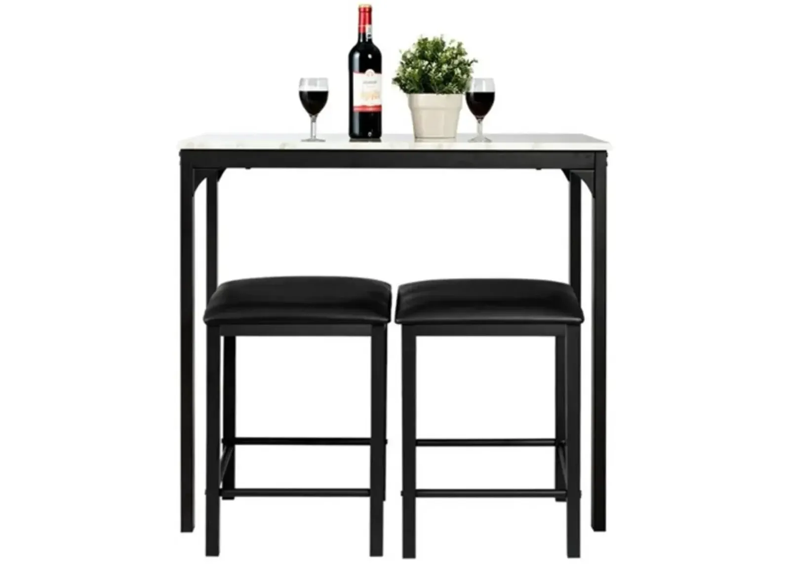 Hivvago Modern 3 Piece Dining Set White Faux Marble Table Top and 2 Black Chairs Stools