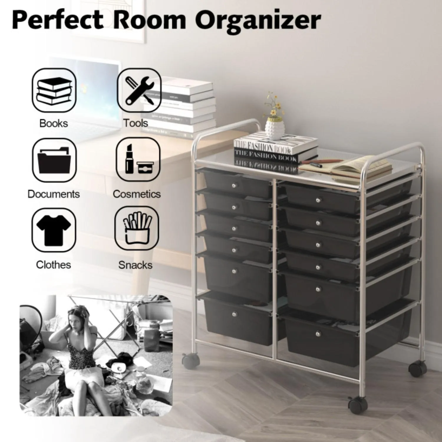 Hivvago 12-Drawer Rolling Storage Cart with Removable Drawers and Lockable Wheels