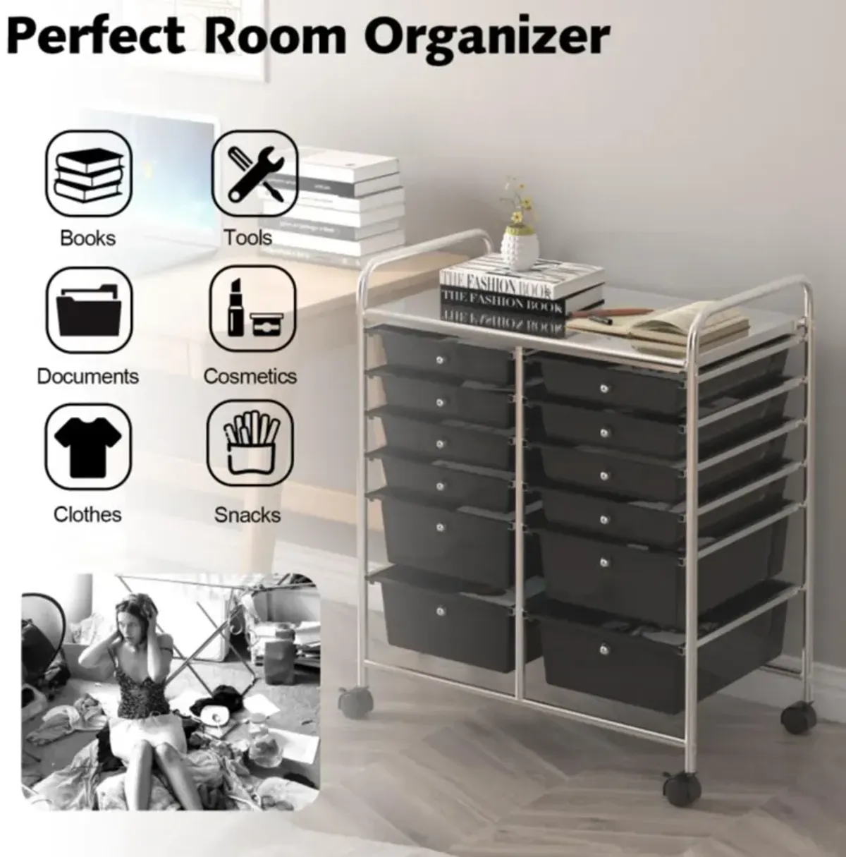 Hivvago 12-Drawer Rolling Storage Cart with Removable Drawers and Lockable Wheels