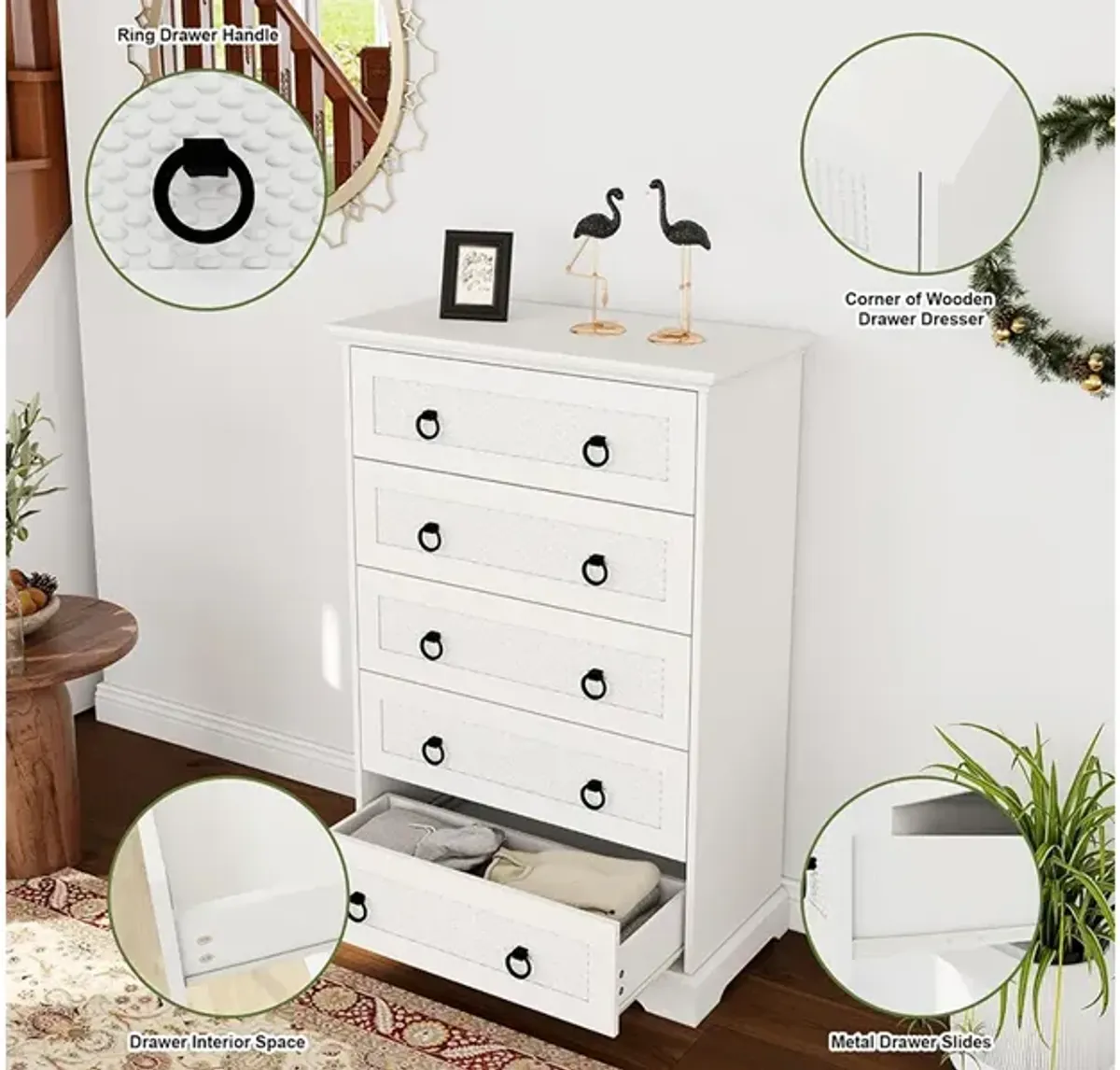 Wood Dresser with 5 Drawers, Modern Dresser Chest of Drawers with Black Handles for Clothes, Tall Dressers Chests of Drawers for Bedroom Living Room Hallway White