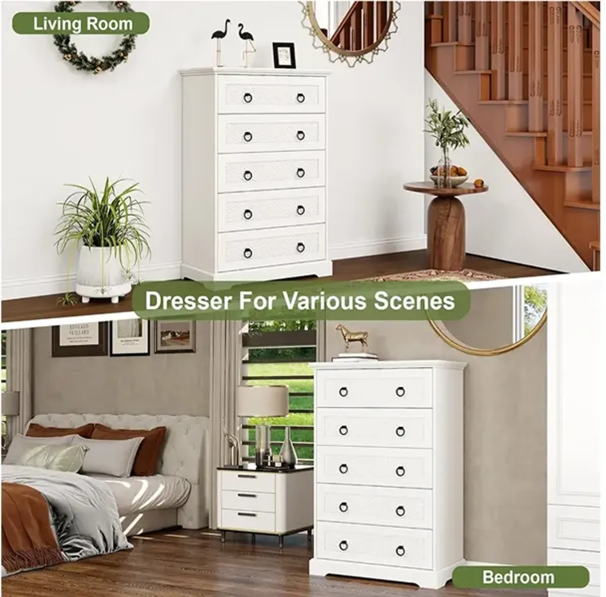 Wood Dresser with 5 Drawers, Modern Dresser Chest of Drawers with Black Handles for Clothes, Tall Dressers Chests of Drawers for Bedroom Living Room Hallway White