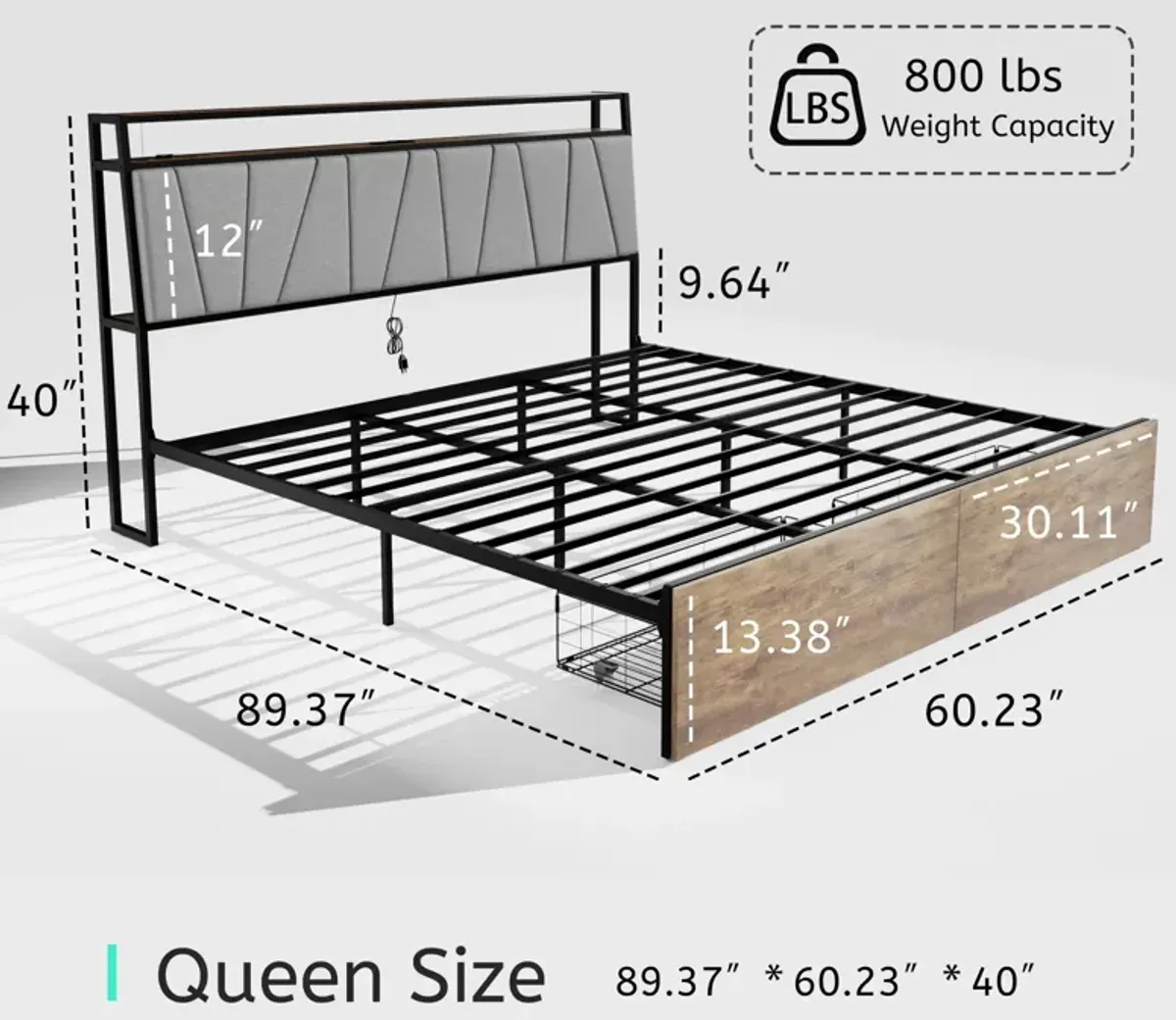 MONDAWE Modern Queen Bed Frame with Storage, Ergonomic Headboard with 2 Storage Drawers and Built in Charging Station & LED, Outlets & USB