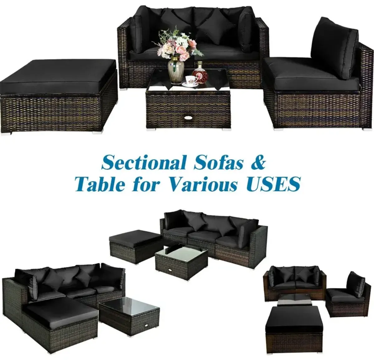 5 Pcs Outdoor Patio Rattan Furniture Set Sectional Conversation with Navy Cushions