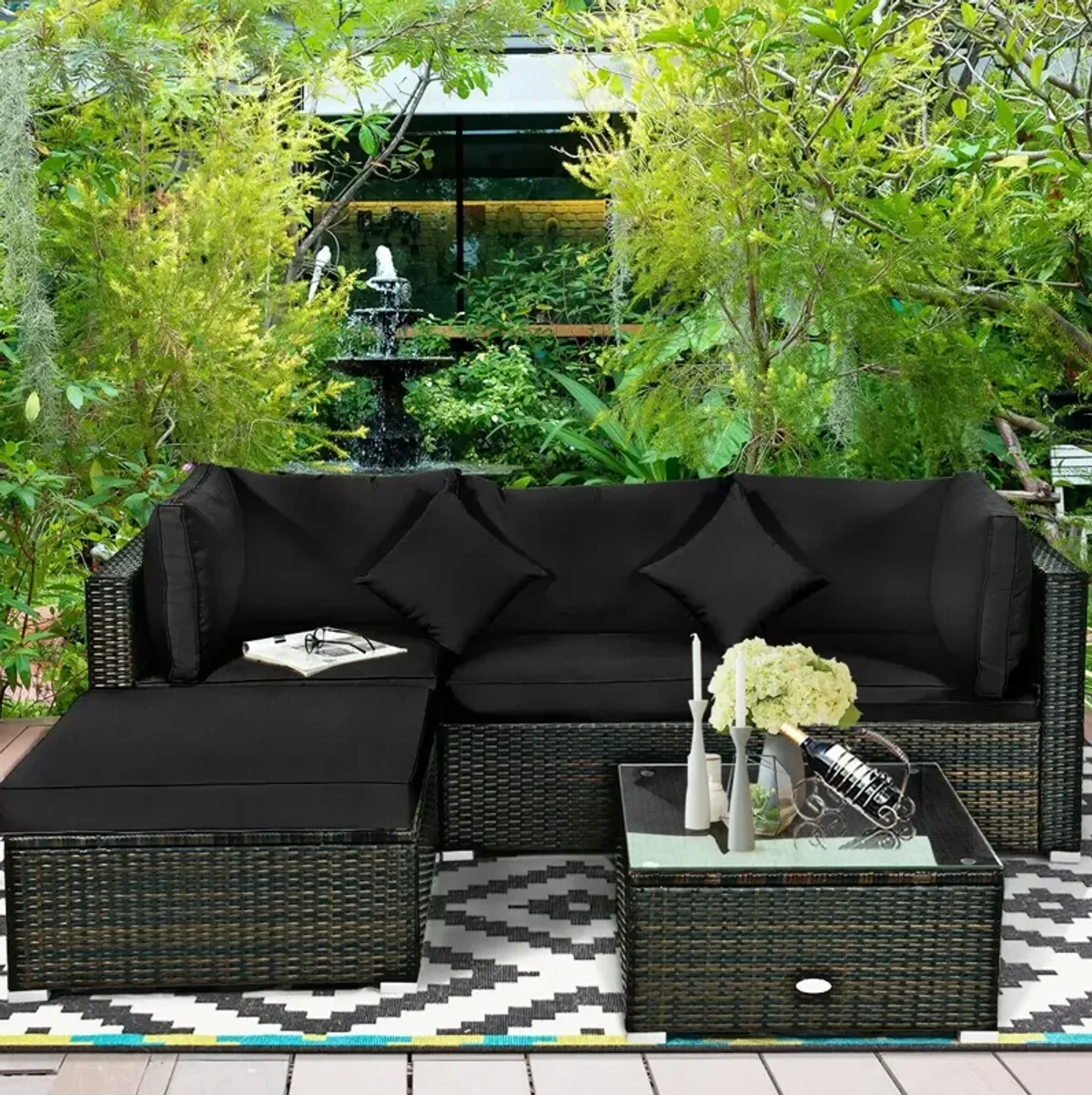 5 Pcs Outdoor Patio Rattan Furniture Set Sectional Conversation with Navy Cushions