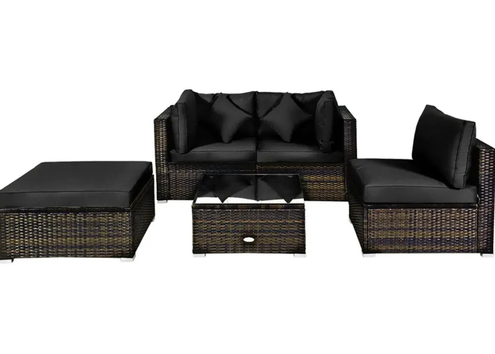 5 Pcs Outdoor Patio Rattan Furniture Set Sectional Conversation with Navy Cushions