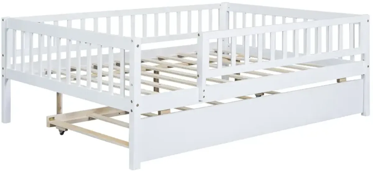 Full Size Wood Daybed With Trundle And Fence Guardrails