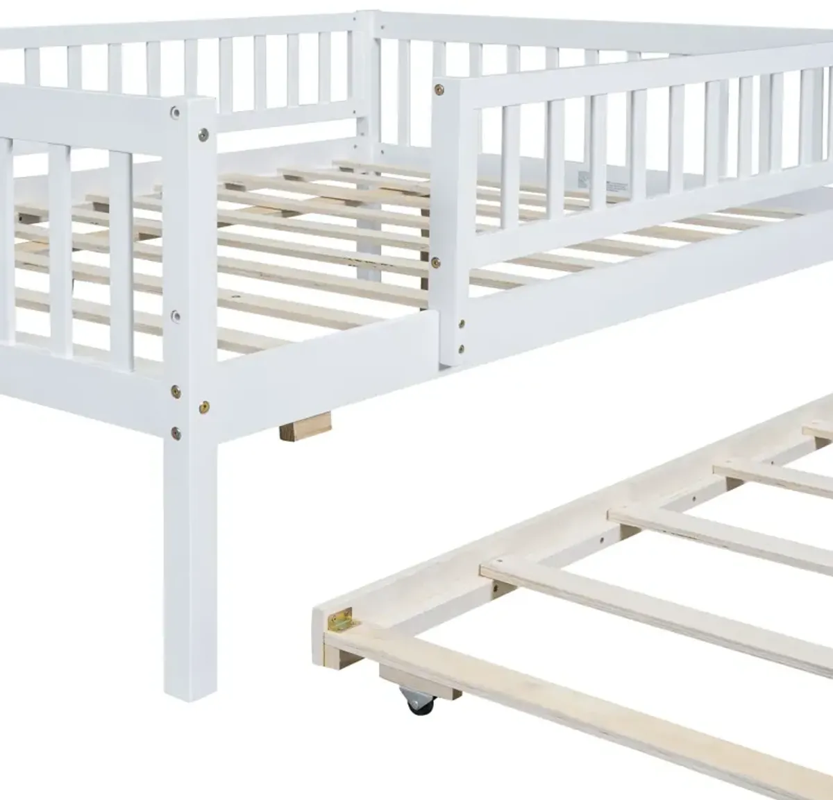 Full Size Wood Daybed With Trundle And Fence Guardrails