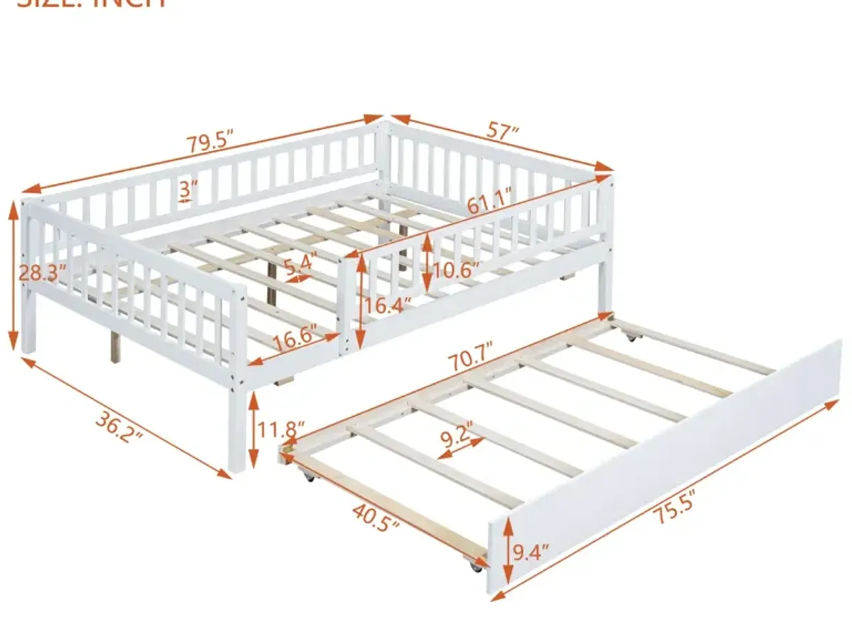 Full Size Wood Daybed With Trundle And Fence Guardrails