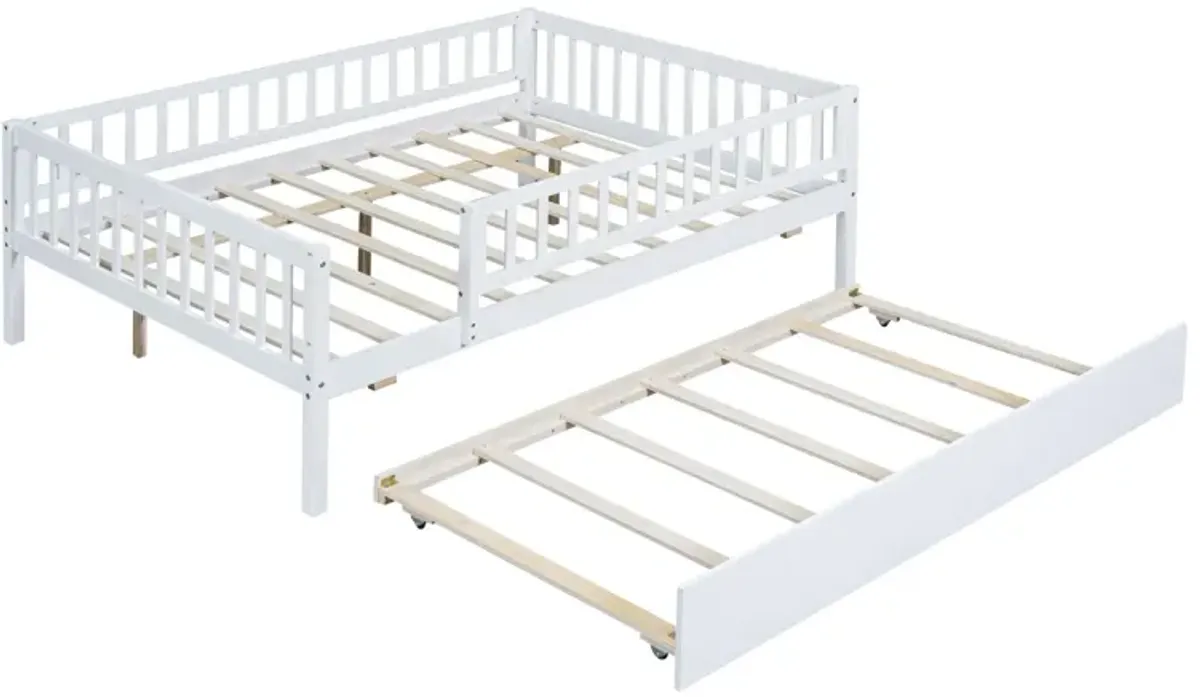 Full Size Wood Daybed With Trundle And Fence Guardrails