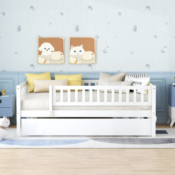 Streamdale Full Size Wood Daybed With Trundle And Fence Guardrails