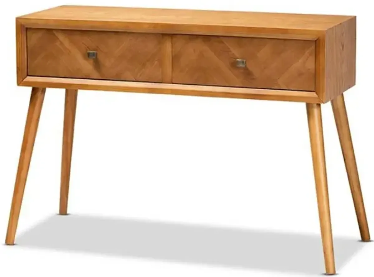 Mae Mid-Century Modern Natural Brown Finished Wood 2-Drawer Console Table