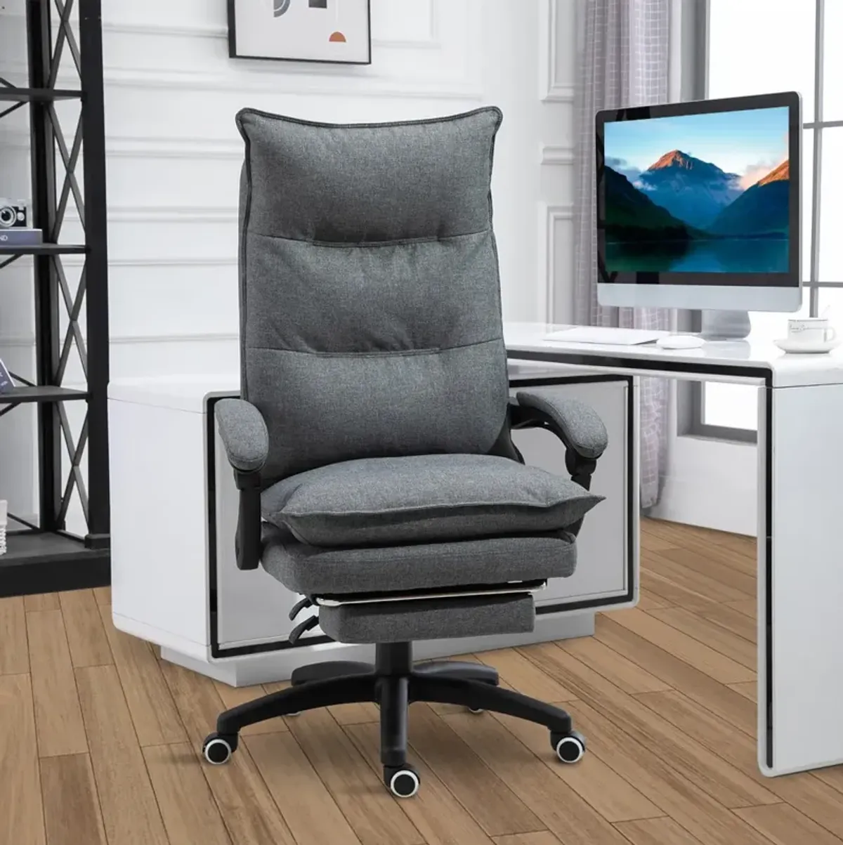 Gray Executive Comfort: 360 Swivel Office Chair with Retractable Footrest