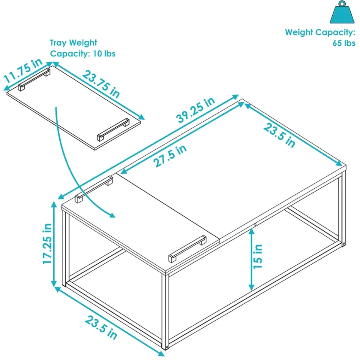 Sunnydaze Industrial Coffee Table with Removable Serving Tray - 16 in H