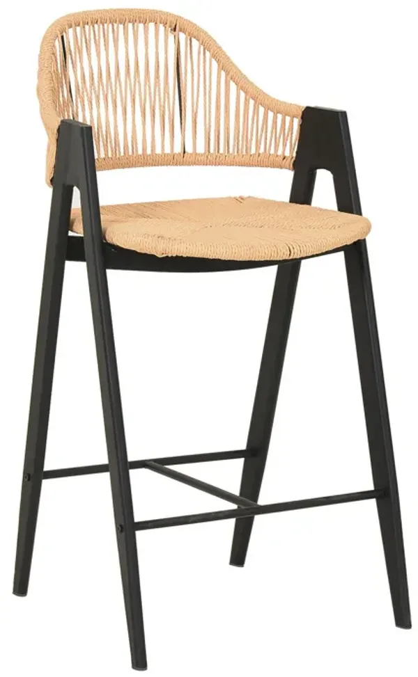 26 Inch Counter Stool Chair Set of 2, Woven Back, Iron Frame, Rattan, Beige - Benzara