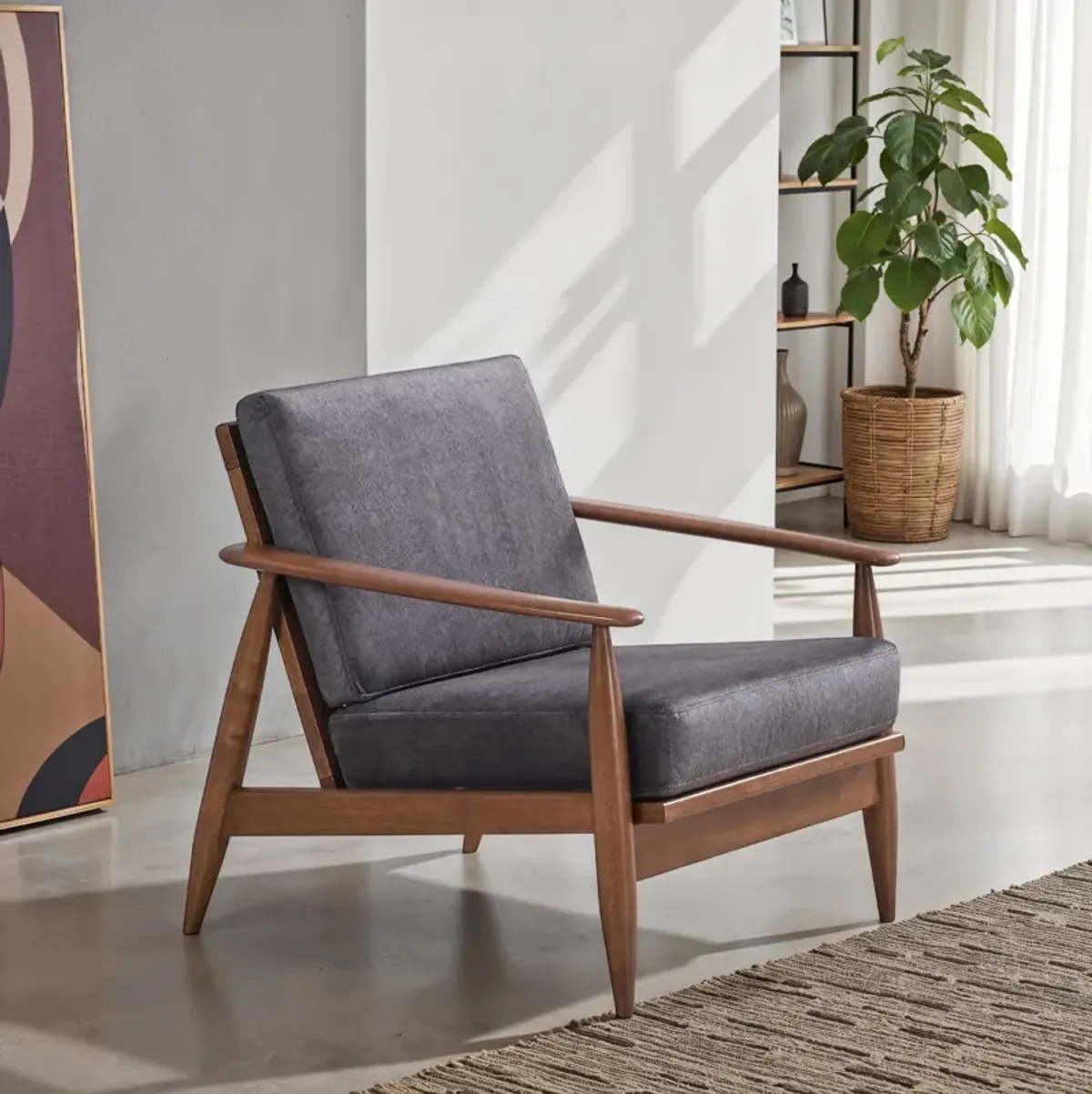 Lissa Accent Chair, Charcoal Gray Soft Cushioning, Brown Wood Frame - Benzara