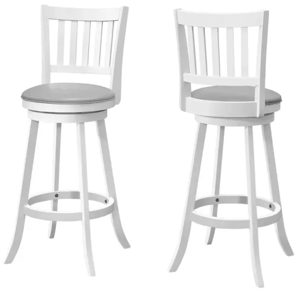 Monarch Specialties I 1238 Bar Stool, Set Of 2, Swivel, Bar Height, Wood, Pu Leather Look, White, Grey, Transitional