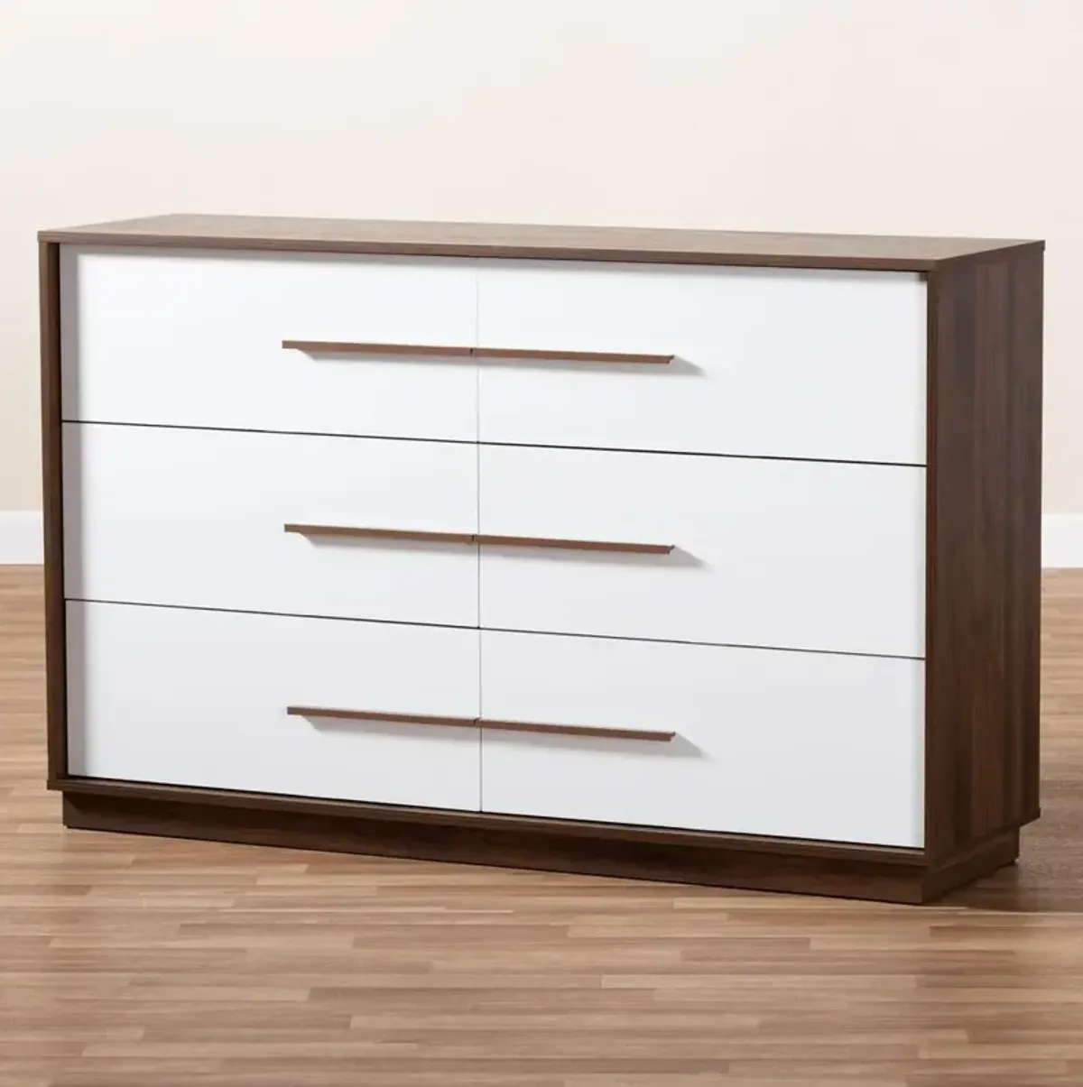 Baxton Studio Mette Mid-Century Modern White and Walnut Finished 6-Drawer Wood Dresser