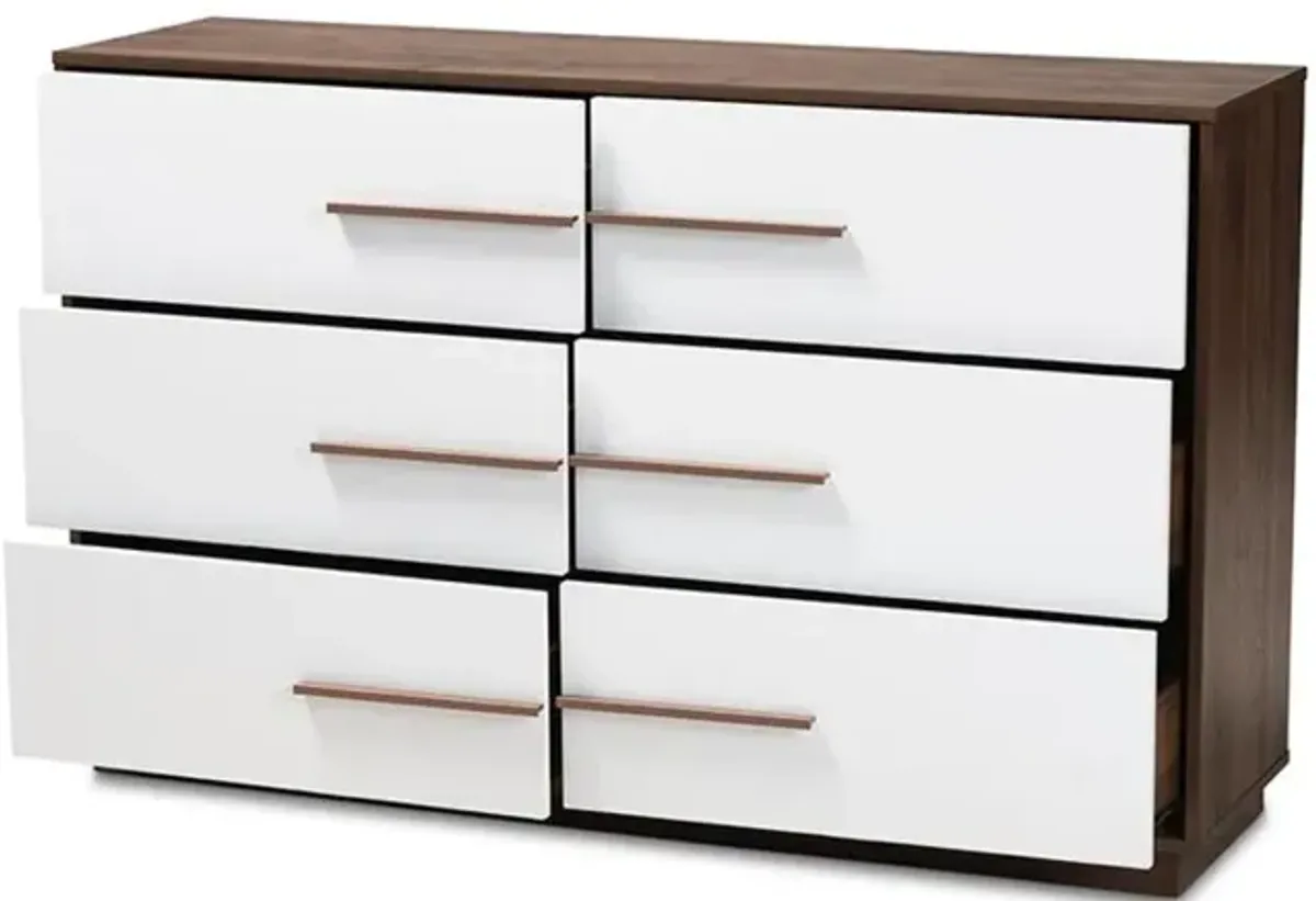 Baxton Studio Mette Mid-Century Modern White and Walnut Finished 6-Drawer Wood Dresser