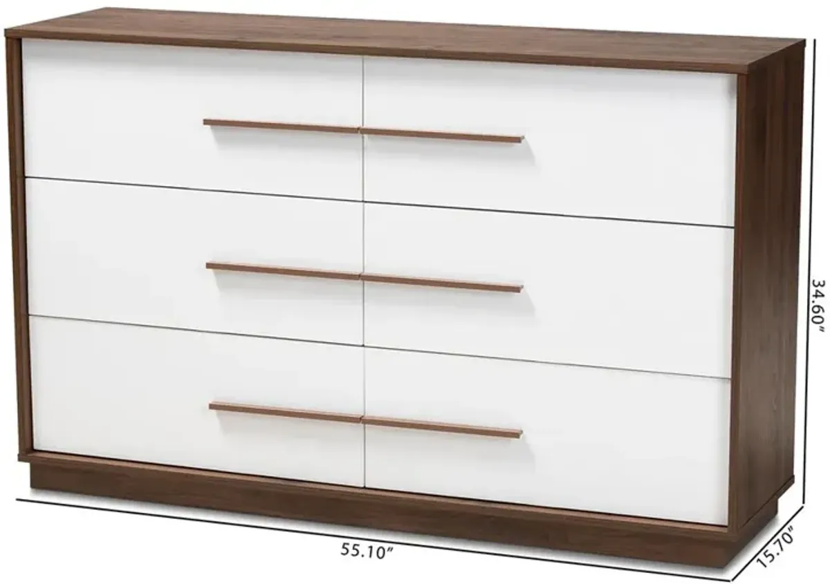 Baxton Studio Mette Mid-Century Modern White and Walnut Finished 6-Drawer Wood Dresser