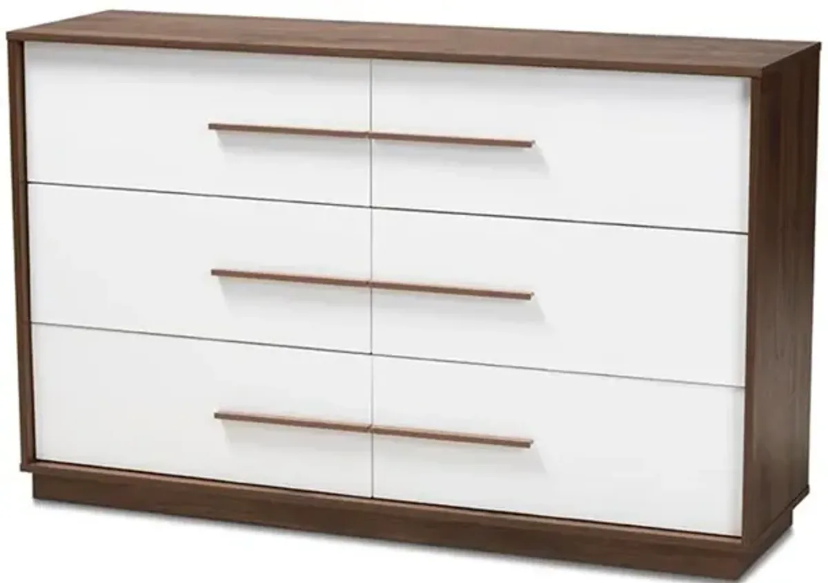 Baxton Studio Mette Mid-Century Modern White and Walnut Finished 6-Drawer Wood Dresser