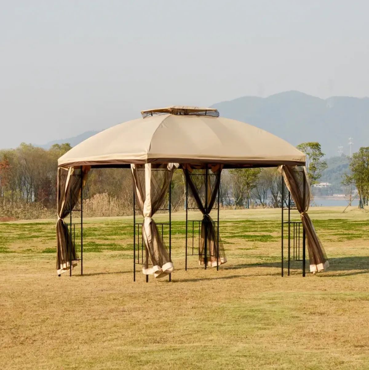 Beige Outdoor Haven: 10'x10' Gazebo with Double Tier Roof and Shelves