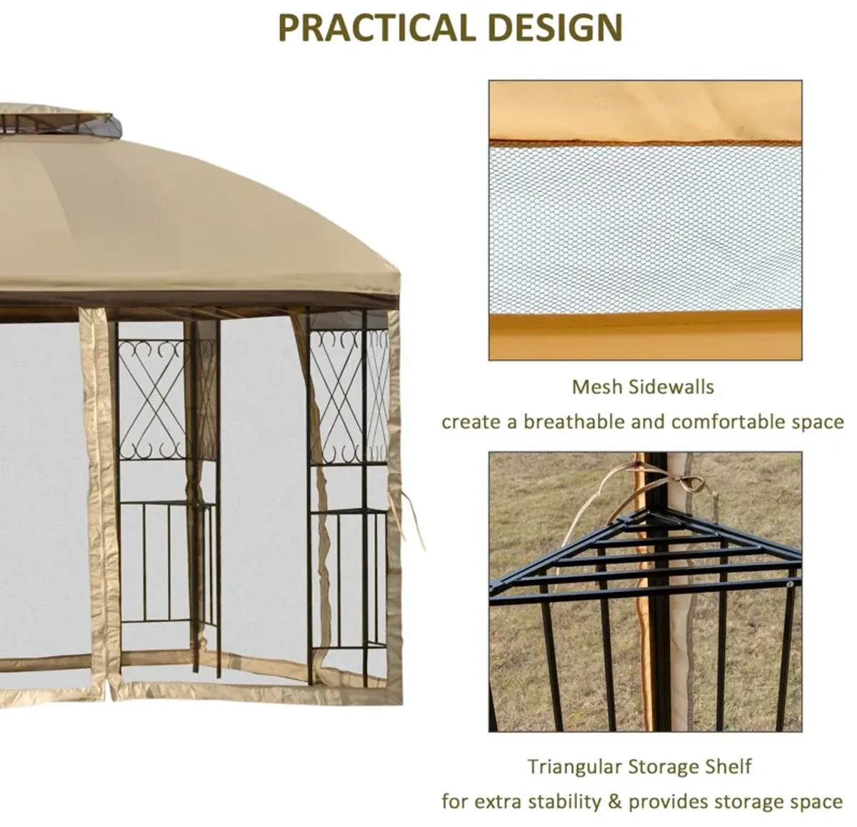 Beige Outdoor Haven: 10'x10' Gazebo with Double Tier Roof and Shelves