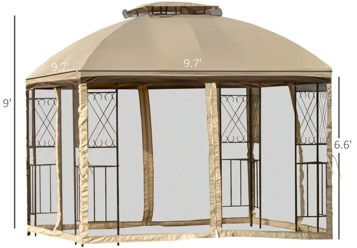 Beige Outdoor Haven: 10'x10' Gazebo with Double Tier Roof and Shelves