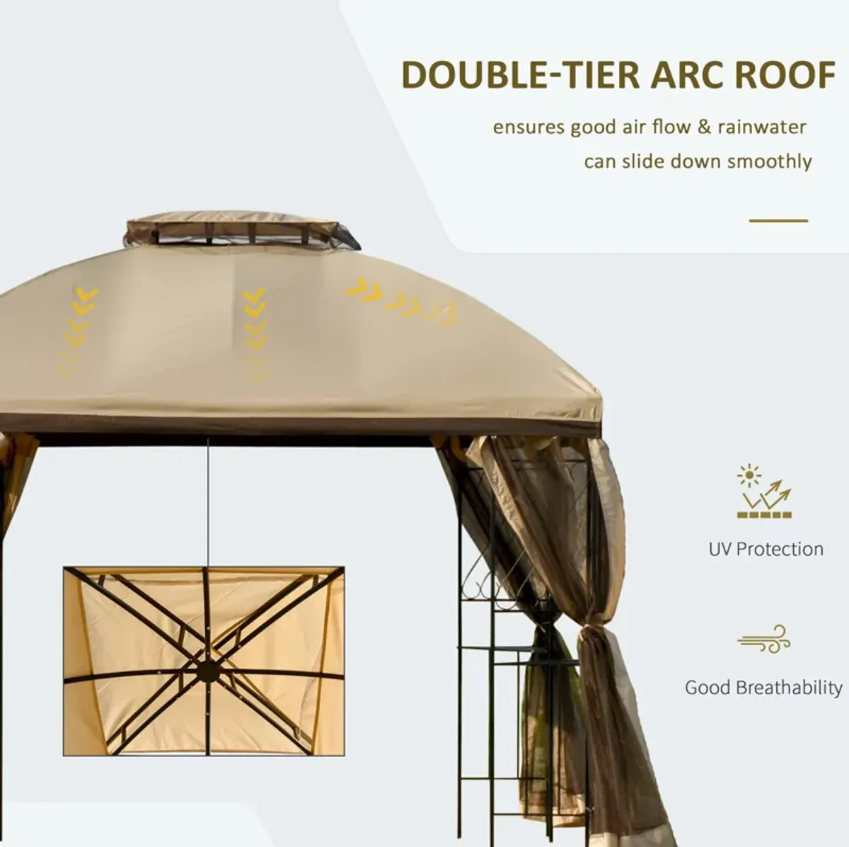 Beige Outdoor Haven: 10'x10' Gazebo with Double Tier Roof and Shelves